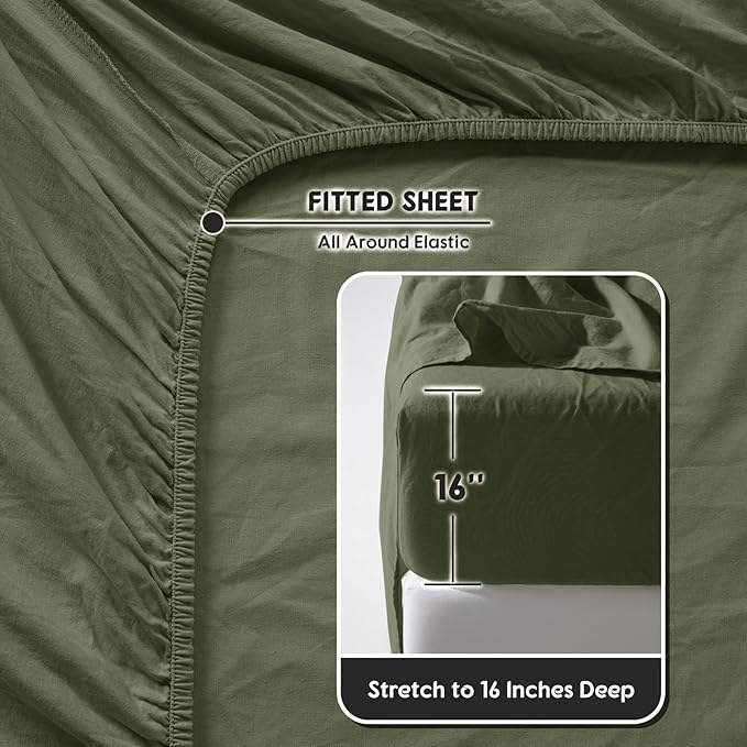 SONORO KATE 100% French Pure Linen Sheets, Breathable and Durable Line Twin Size Sheets, Anti-Tear Line Bed Sheets, Machine Washable, 16 Inch Deep Pocket - 3 Piece (Olive Green, Twin)