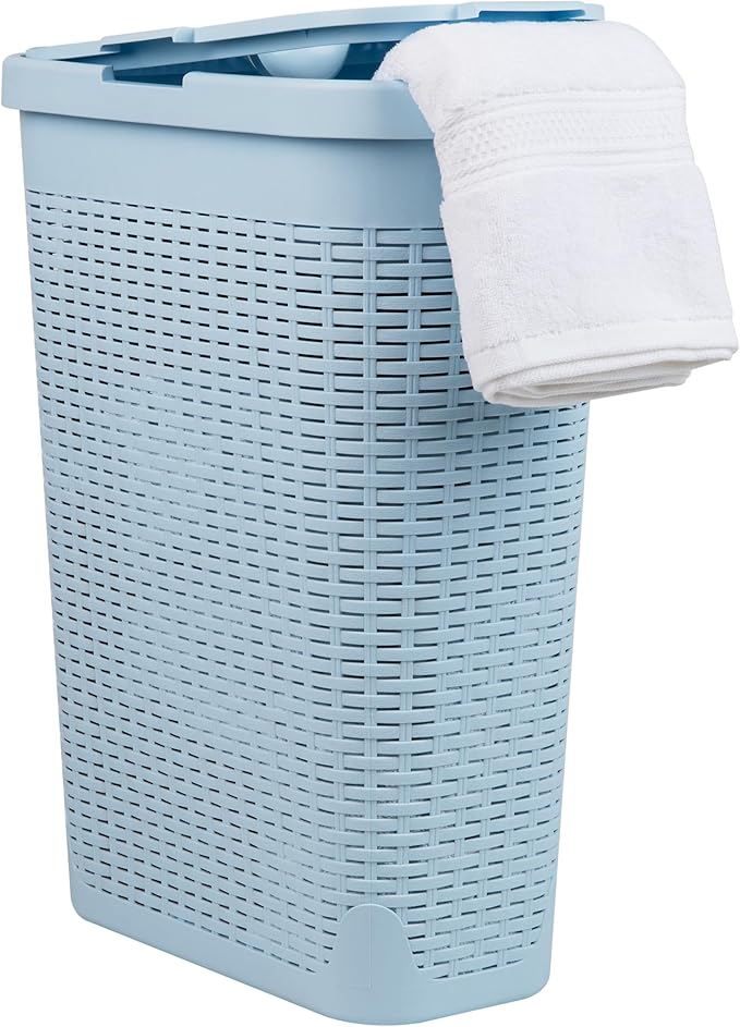 Mind Reader Slim Laundry Hamper with Lid, 40L Clothes Basket, Narrow Tapered Design with Ventilated Cutout Pattern, Plastic, Baby Blue by MindReader