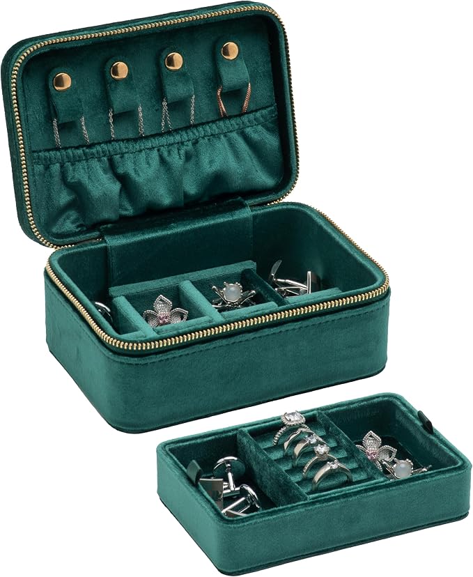 Velvet Travel Jewelry Organizer Box with Zipper Around Portable Accessory Display Tray Holder Storage Case for Multiple Earrings Rings Necklaces Bracelets (Green) - Image 8