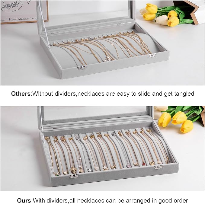Frebeauty 15 Hooks Necklace Tray Velvet Neckalce Organizer with Clear Lid Lockable Necklace Holder Box Jewelry Organizer for Pendants Chains Necklace Jeweley Tray for Women (Purple) - Image 5