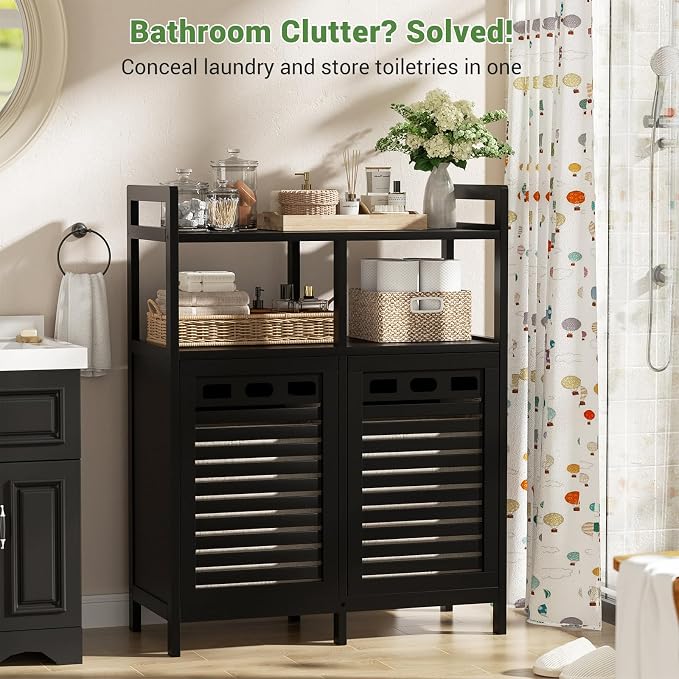 Homykic Tilt Out Laundry Hamper Cabinet, Bamboo Double Laundry Hamper with 2 Removable Laundry Baskets, 20 Gal Laundry Sorter Organizer with Shelf for Dirty Clothes, Bathroom, Laundry Room, Black - Image 2
