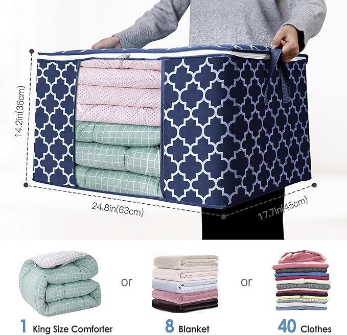 WISELIFE Storage Bags, Large Blanket Clothes Organization and Storage Containers for Bedding, Comforters, Foldable Organizer with Reinforced Handle, Clear Window,Sturdy Zippers,(Blue, 4 x 100L)