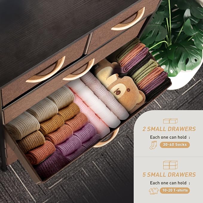 Mifuro Tall Dresser for Bedroom, Vertical Storage Organizer Tower with 7 Drawers, Chest of Drawers with Fabric Bins, Steel Frame, Wood Top for Bedroom, Closet, Entryway- Brown - Image 5
