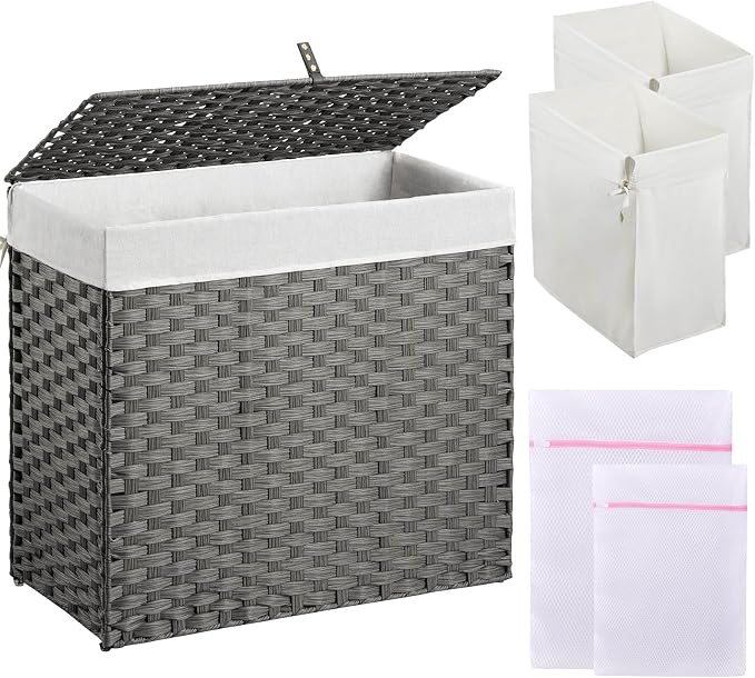 Greenstell Laundry Hamper with Lid, 125L Laundry Basket with 2 Removable Liner Bags & 2 Mesh Bags, Handwoven Synthetic Rattan Clothes Hamper for Clothes, Toys in Bathroom, Bedroom, Foldable, Grey by Greenstell