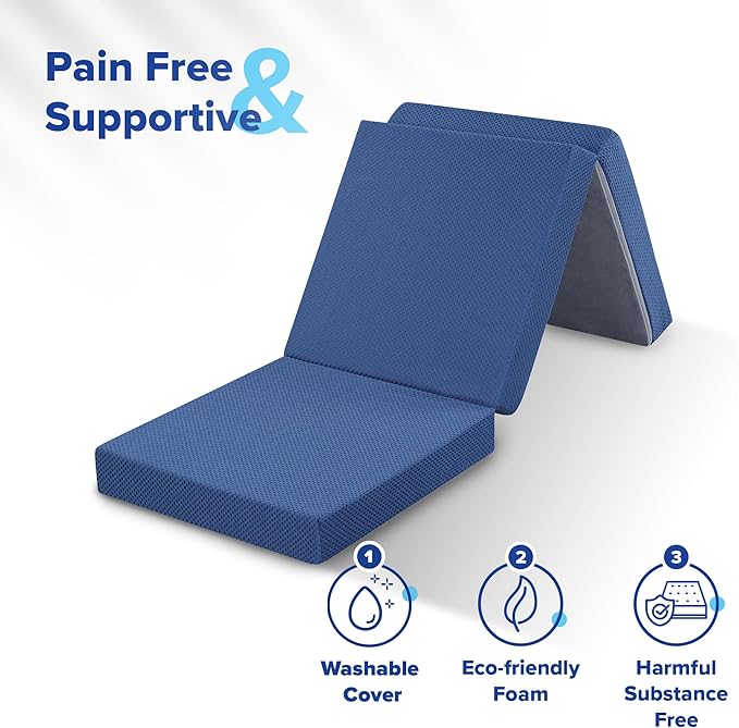 Olee Sleep Tri-Folding Memory Foam Mattress Topper, 4 Inch Gel Folding Mattress for Camping, Foldable Guest Bed, Washable Cover, CertiPUR-US Certified, Soft, Blue, Single Size