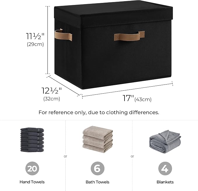 StorageWorks Fabric Storage Bins with Lid, Decorative Storage Boxes for Shelves, Stackable Closet Organizer Basket with Handles, Jumbo, Black, 2-Pack - Image 2