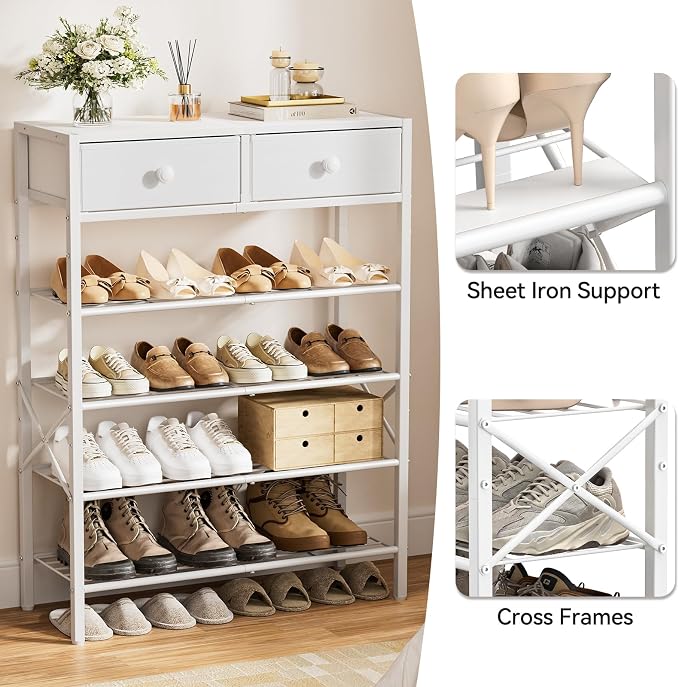 Shoe Rack for Entryway, 5 Tier Shoe Organizer with 2 Non-Woven Drawers, Metal Storage Shoe Shelf for 16-20 Pairs of Shoes, with Wooden Top and Steel Frame, Shoe Stand for Closet Greige - Image 6