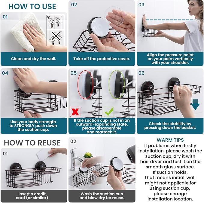 TAILI Shower Caddy Suction Cup with Hooks & Soap Holder, Heavy Duty Bathroom Shower Organizer, No Drilling Shelves for Inside Bathroom, Brown Metal Storage Holder - Image 7