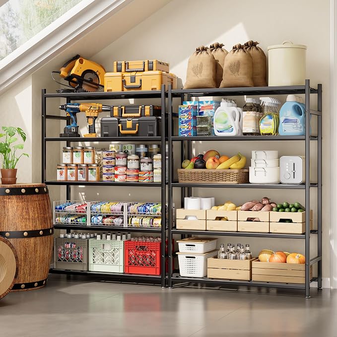 Storage Shelves, 5-Tier Metal Shelving Unit with Adjustable Feet, Shelf Organizer for Garage, Kitchen, Pantry and Closet Organization, 36.4" x 11.8" x 68.3", Black - Image 2