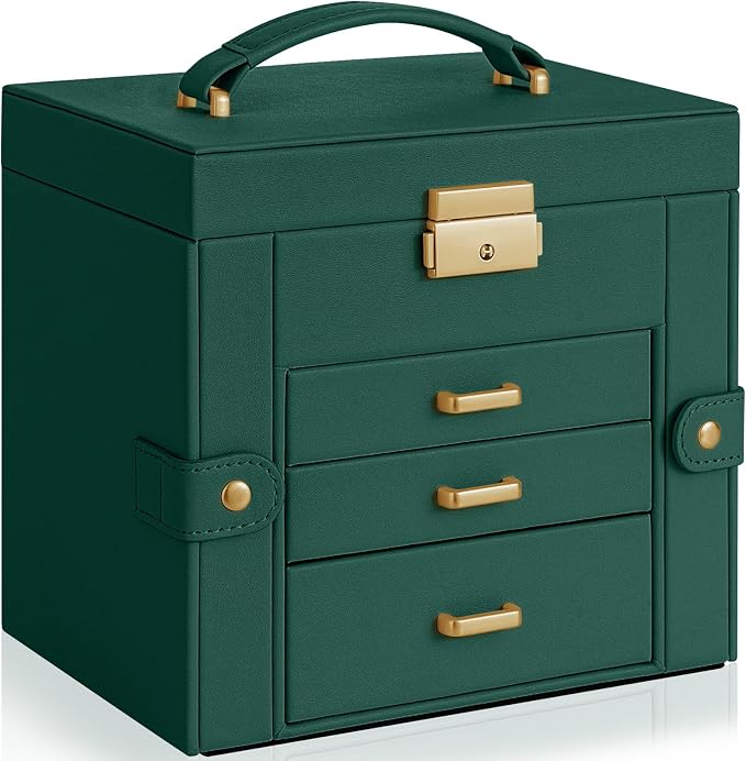 AKOZLIN 4-Tier Jewelry Box Leather Jewelry Storage Organizer with 3 Drawers Lockable for Women Girls Ring Necklace Earring Bracelet Holder with Mirror Forest Green - Image 2