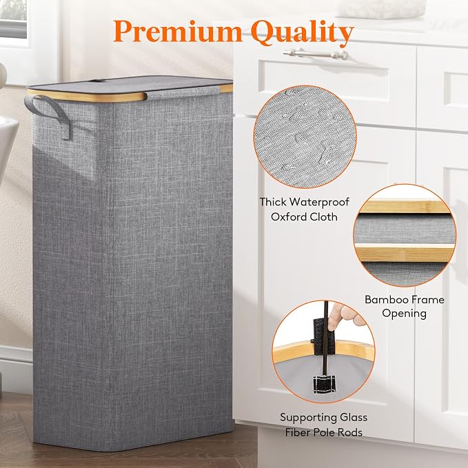 Lifewit 75L Slim Laundry Hamper with Lid, Narrow Laundry Basket with Removable Bag & Bamboo Handles, Fodable Thin Dirty Clothes Hamper for Laundry Collapsible Bin for Bathroom Bedroom Dorm, Gray - Image 7