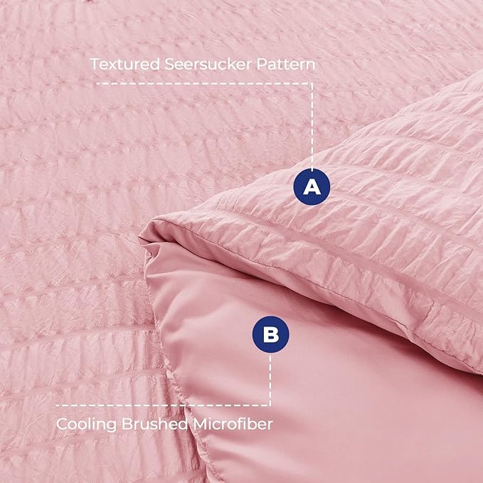 HYMOKEGE Pink California King Comforter Set Seersucker 7 Pieces, All Season Luxury Bed in a Bag for Bedroom, Bedding Set with Comforters, Sheets, Pillowcases & Shams