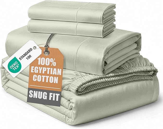 100% Egyptian Cotton Queen Bed Sheet Set – 4 Piece Queen Sheets Set, Breathable & Fade Resistant, Silky Sateen Weave for Winter Comfort, Ultra-Soft Hotel Luxury Bedding with 15" Deep Pocket - Mineral