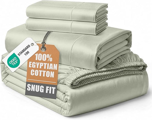 LANE LINEN 100% Egyptian Mercerized Cotton Full Size Bed Sheets Set, Eco Friendly Sustainably Produced No Pill Fade Resistant 15 Iinch Deep Pocket Full Sheets Set - Mineral