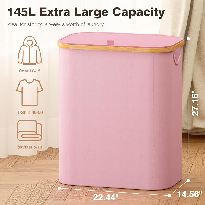 Hampers for Laundry Basket with Lid, 145L Extra Large 3 Section Clothes Divided Organizer for Bedroom, Laundry Room, Dirty Clothing Hamper, Pink - Image 2