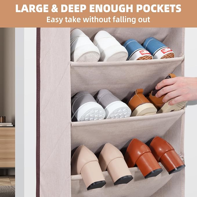 STORAGE MANIAC Over the Door Shoe Organizer Heavy-Duty Large Deep Pocket Hanging Shoe Organizer Shoe Rack Door Closet Shoe Organizer for Wall, Dorm & Narrow Door Storage Shoe Holder Oat Beige, 2 Pack - Image 7