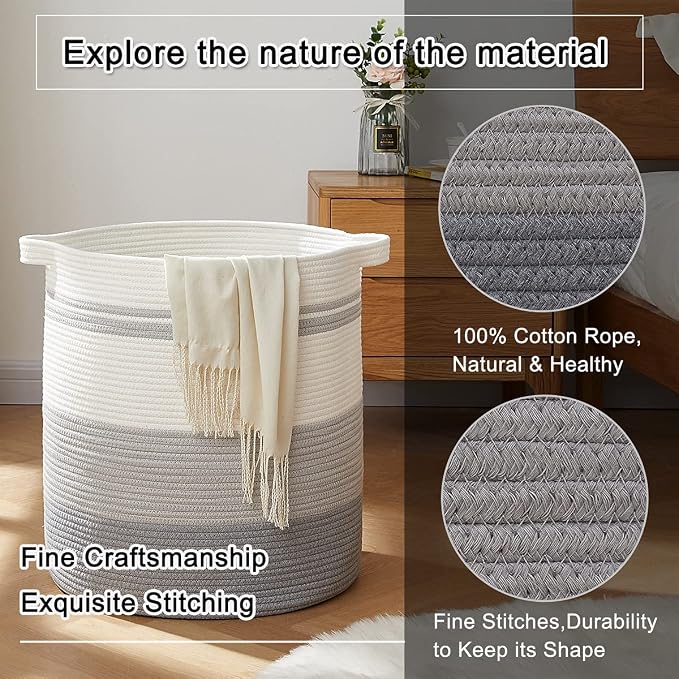 OIAHOMY 80L Laundry Hamper with Handles,Decorative Basket for Living room,Woven Storage Basket for Toys Bin,Pillows, Blankets,Clothes-20x18in-Gradient Gray - Image 3
