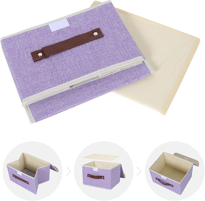 ANMINY 2PCS Storage Bins with Lid PU Leather Handles Storage Boxes PP Plastic Board Decorative Foldable Lidded Cotton Linen Fabric Home Cubes Baskets Closet Organizer Containers - Purple, Small Size - Image 8