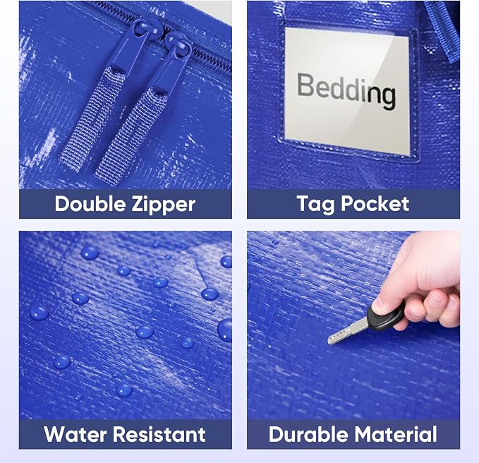 TICONN 6 Pack Extra Large Moving Bags Heavy Duty with Zippers & Carrying Handles, Durable Storage Bags Moving Boxes for Closet Organizers and Storage (6 Pack, Blue) - Image 6