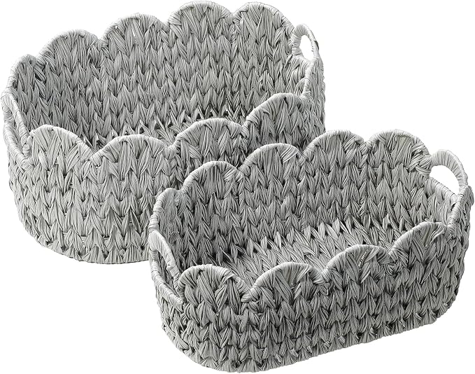 Coeusy Wicker Scalloped Basket Set of 2,Woven Storage Baskets for Shelves,Closet,Laundry,Gift,Towels,Books,Toys,Waterproof Cute Decor Basket for Organizing,Grey - Image 8