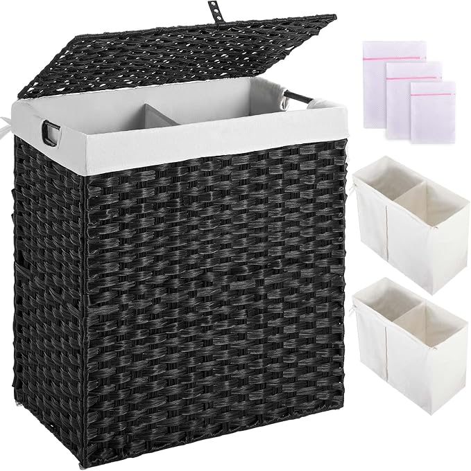 Greenstell Laundry Hamper with lid, No Install Needed, 110L Wicker Laundry Baskets Foldable 2 Removable Liner Bags, 2 Section Clothes Hamper Handwoven Rattan Laundry Basket with Handle, Black - Image 2