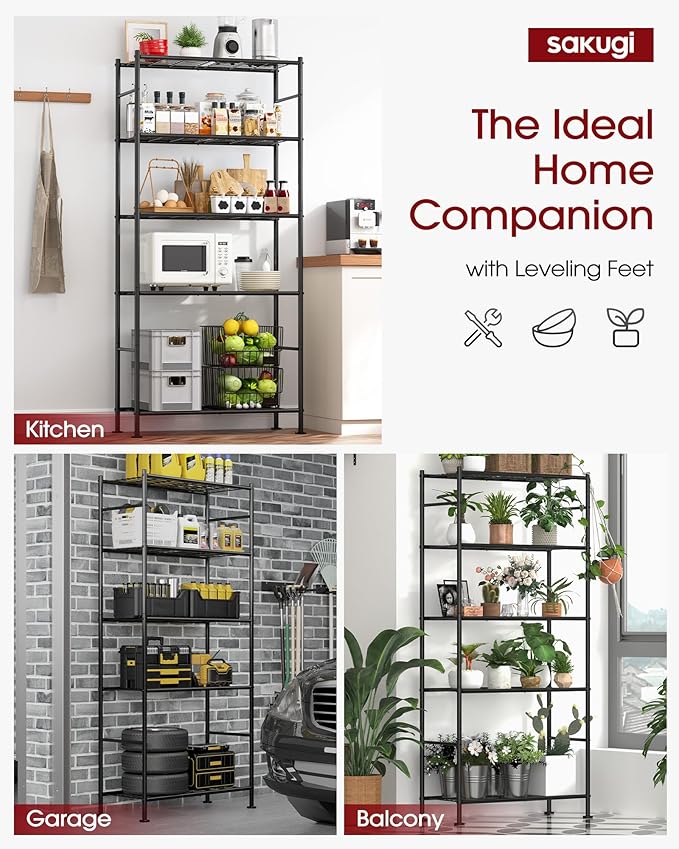 Sakugi Storage Shelves Organizer - 5 Tier Metal Shelf Organizer with Metal Wheels and Adjustable Leveling Feet, Heavy Duty Garage Shelving for Kitchen, Pantry and Closet, 33.1"x12.6"x73.5", Black - Image 6