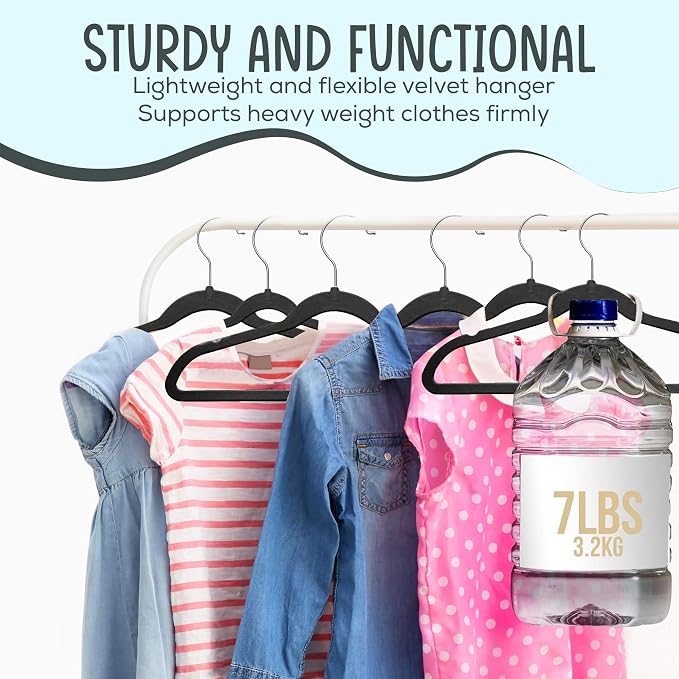 TechZoo 25 Premium Kids Velvet Hangers - 14" Non-Slip Clothes Hangers for Kids & Preteens - Ultra Slim, Space-Saving, Strong & Durable Hangers with 360° Swivel Hook - Black - Image 7