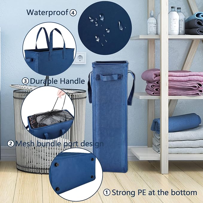 Odonata Slim Laundry Hamper Handles Collapsible Laundry Basket Thin Dirty Clothes Basket Narrow Laundry Bag Foldable Dirty Hamper 45L (Navy blue) - Image 5
