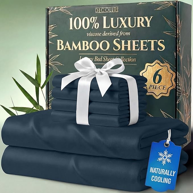 DECOLURE 100% Viscose Derived from Bamboo Sheets Full Size - Luxury 6 Pc Naturally Cooling Sheets, Ultra Soft Bed Set - Deep 17" Pockets, Durable Double Stitching, Oeko Tex Standard (Navy Blue)