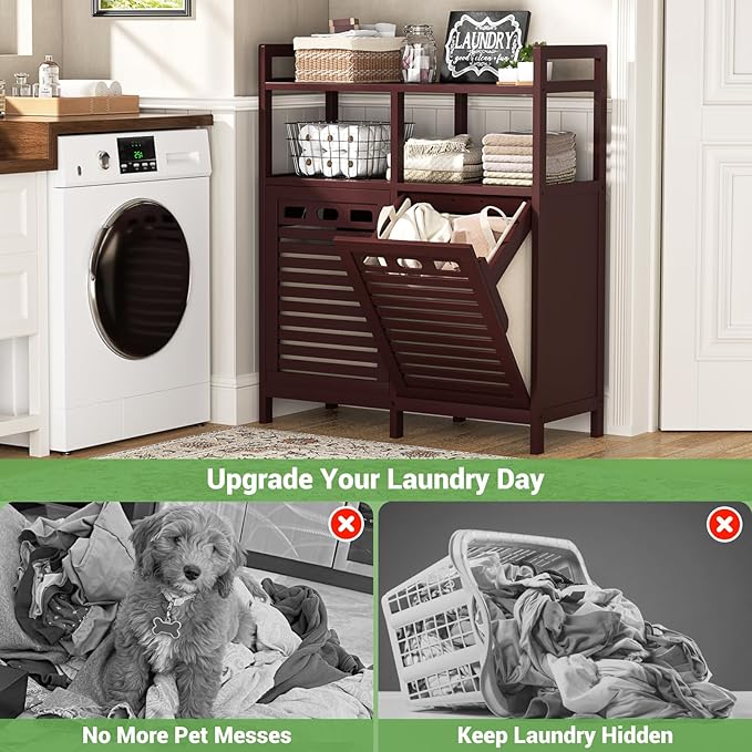 Homykic Tilt Out Laundry Hamper Cabinet, Bamboo Double Laundry Hamper with 2 Removable Laundry Baskets, 20 Gal Laundry Sorter Organizer with Shelf for Dirty Clothes, Bathroom, Laundry Room, Espresso - Image 5