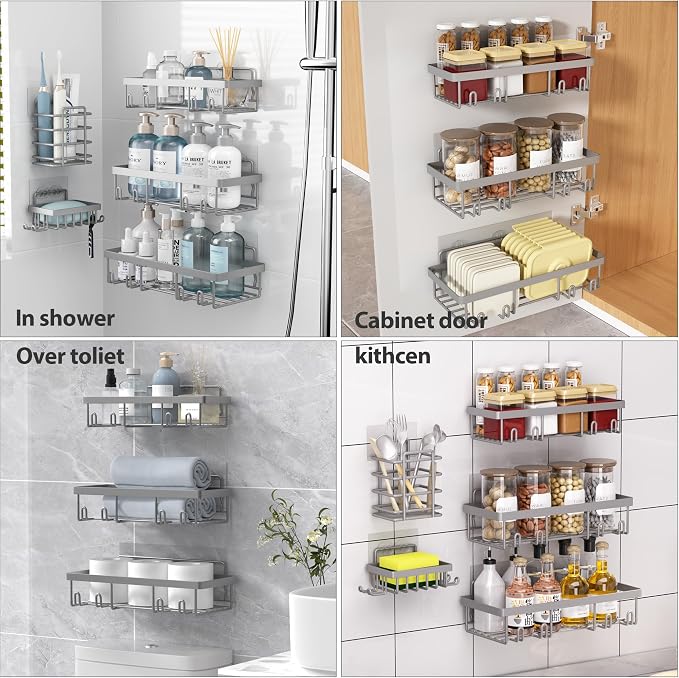 Liuoud 10 Pack Shower Caddy Organizer Rack Shelf for Inside Shower, Self Adhesive Wall Storage Basket Rustproof Stainless Steel Shampoo Holder Bathroom Accessory Decor Set, Grey - Image 6