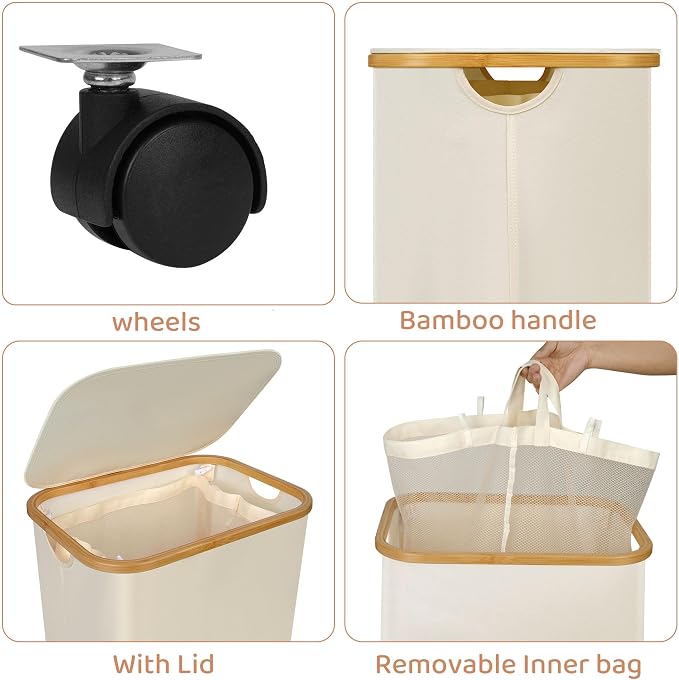 Laundry Basket with Wheels, 110L Beige Clothes Hamper for Laundry, Laundry Hamper with Lid and Inner Bag, Beige - Image 3