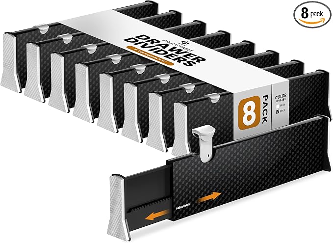 RAPTUROUS Adjustable Drawer Dividers 8 Pack, 4” High, 11-17” Long, Dresser Drawer Organizer for Bedroom, Closet, Kitchen, Nursery, Office, Strong Hold, Soft Foam Edges, Black by Rapturous
