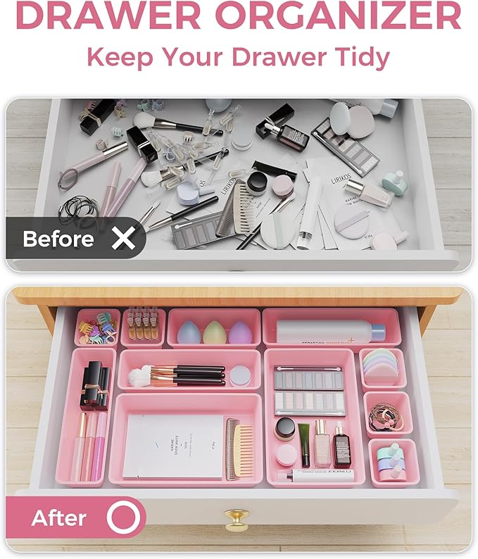 BiuLeon 25 PCS Plastic Drawer Organizers Set, 4-Sizes Vanity and Makeup Organizer, Desk and bathroom Drawer Organizer Trays, Organizers and Storage for Makeup, Jewelry, Gadgets, Utensils (Pink) - Image 4