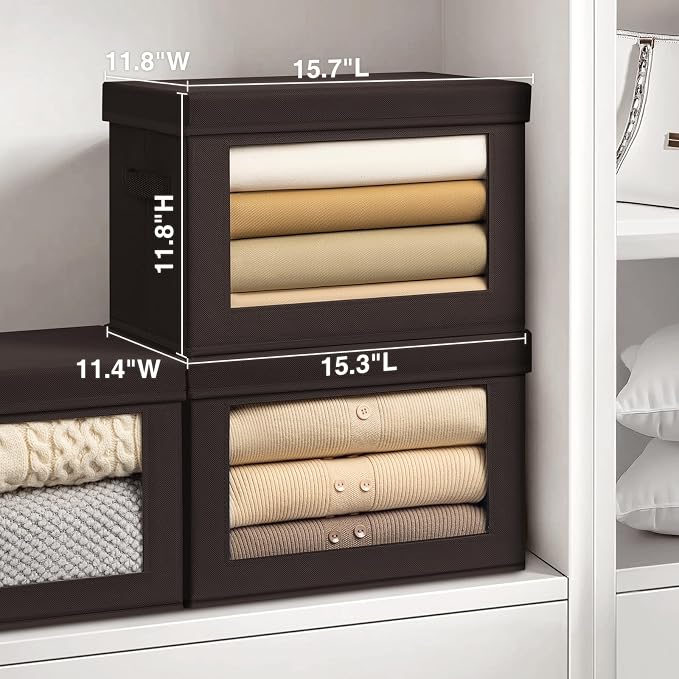 Homsorout Stackable Storage Bins with Lids - Large Storage Box with Lids, Foldable Closet Boxes for Organizing, Wardrobe Clothes Organizer with Window, Cubes Bins for Living Room, 3 Pack, Brown - Image 2