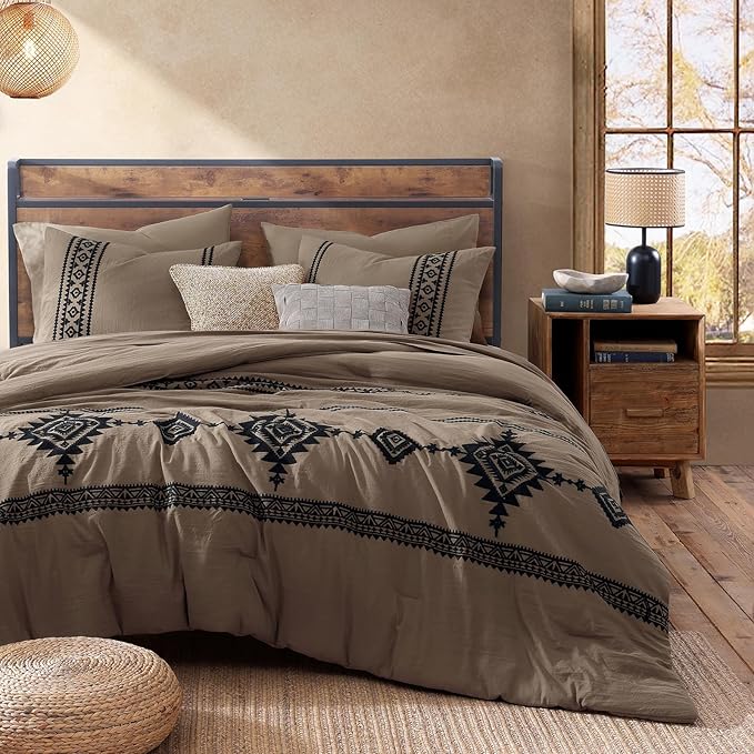MaiRêve Embroidery Queen Size Comforter Set Taupe Grey, Boho Farmhouse Western Bedding Set 7 Pieces, All Season Bed in A Bag Comforter Set with Sheets, Pillowcases & Shams