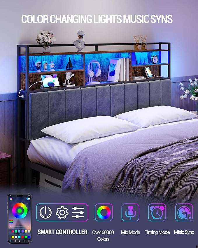 Hzuaneri Headboard with 3-Tier Storage Shelves, Velvet Upholstered Head Board with 2 Outlets, USB Ports & LED Light, Soft Backrest for King Size Bed Rustic Brown and Black BH19401B
