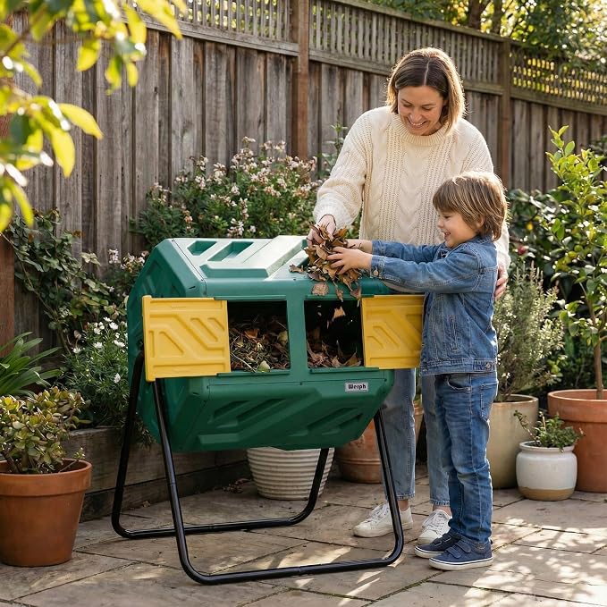 Werph 43 Gallon Compost Bin with Gloves, Fast Assembly & Easy Setup Outdoor Compost Tumbler, Updated Dual Chamber Tumbling Composter for Garden, Kitchen, and Yard Waste, Green - Image 2