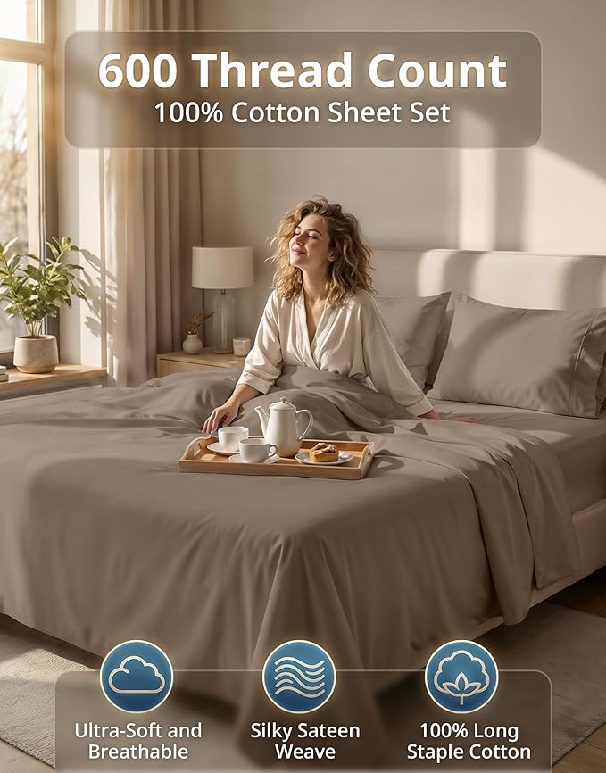 LANE LINEN 100% Cotton Full Size Sheet Sets - 600TC Sateen Weave - Hotel Luxury Bedding, Soft Feel & Comfortable for Everyday Sleep - Snugly Fits Matresses Upto 15'' Deep - Oeko TEX Certified - Taupe