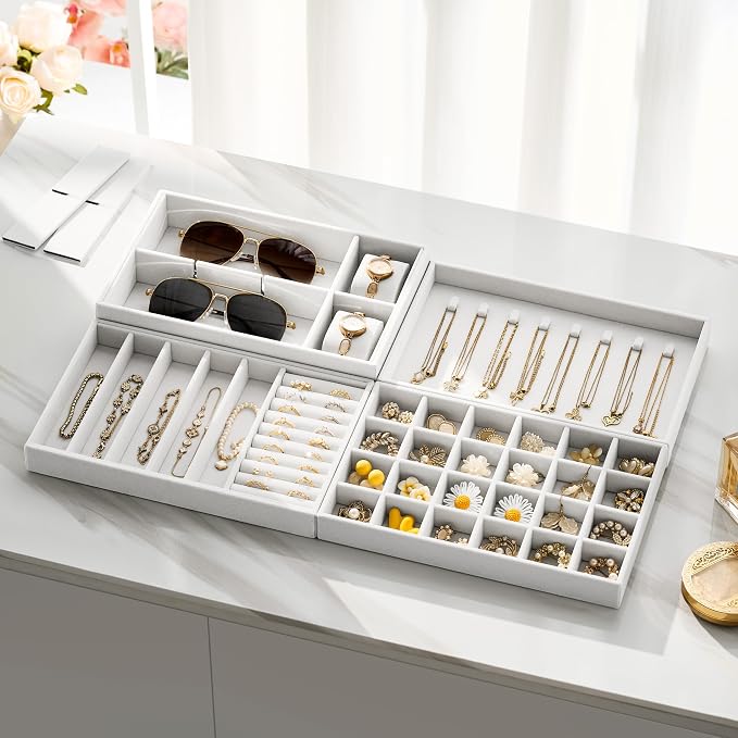 Velvet Jewelry Drawer Organizer Trays – Large White Stackable Jewelry Storage Inserts Set, 4-Layer Jewelry Tray Set for Earrings, Rings, Necklaces, Bracelets with Removable Dividers for Dresser,Vanity - Image 5