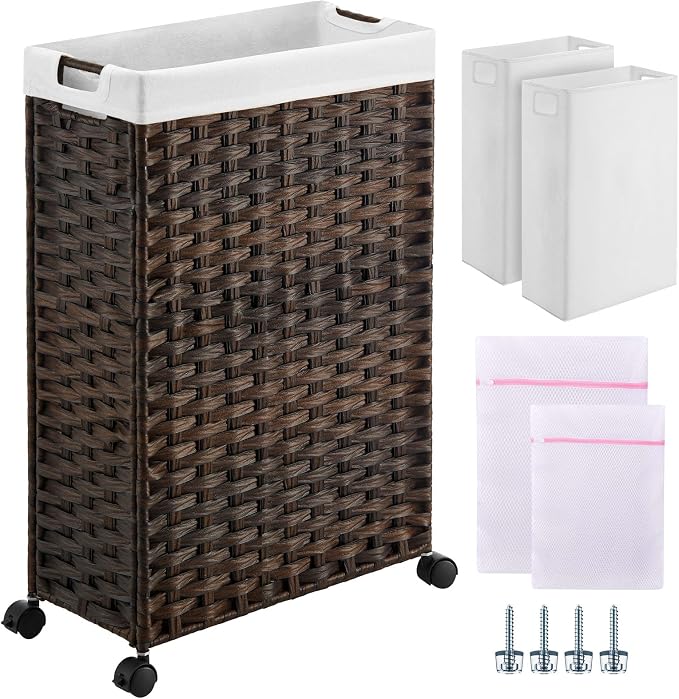 Greenstell Laundry Hamper with Wheels, 11.9 Gallon (45L) Small Clothes Hamper with 2 Removable Liner Bags & 2 Mesh Bags, Slim Rattan Laundry Basket for Bathroom, Bedroom, Brown by Greenstell