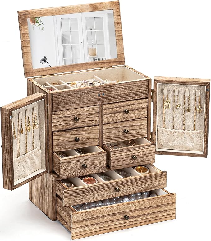 Emfogo Jewelry Box for Women Wooden Jewelry Boxes & Organizers 5-Layer Rustic Large Jewelry Organizer Box with Mirror & 8 Drawers for Rings Earrings Necklaces Bracelets Women Girls Gifts by Emfogo