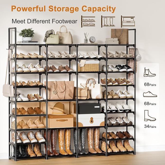 WOWLIVE 4 Row 9 Tiers Extra Large Shoe Rack 68-72 Pairs Big Tall Metal Shoe Shelf, Heavy Duty Organizer for Closet Entryway, Boot Rack Storage Stackable Stand for Garage Black - Image 5