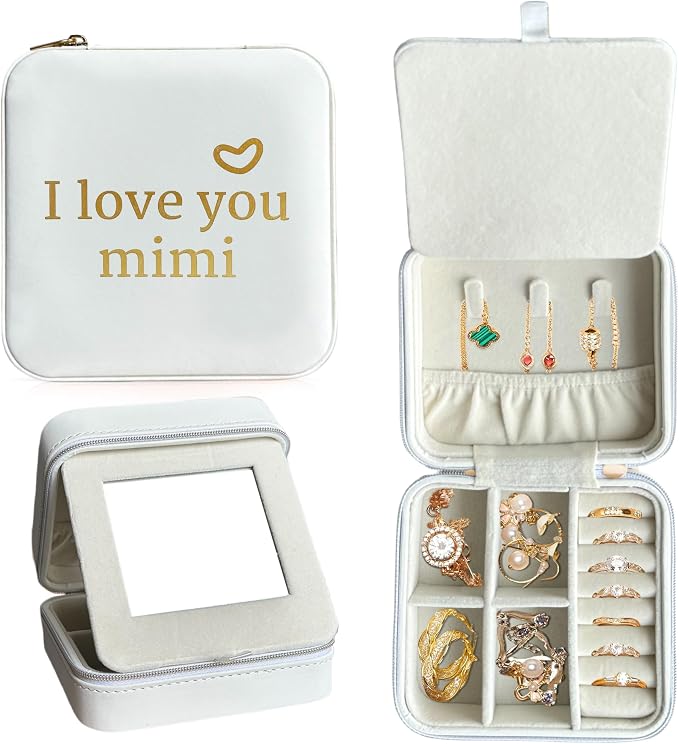 COLLECTIVE HOME - Travel Jewelry Case, Elegant Square Design with Heartfelt Message, Built-in Mirror, Personalized Mother's Day Gift Organizer for Rings, Necklaces, and More (I love you mimi) - Image 2