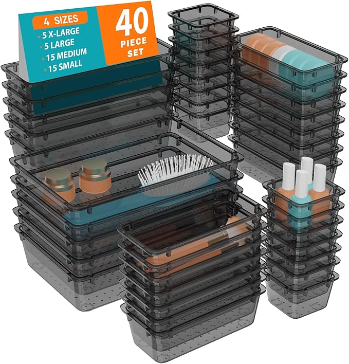 WOWBOX 40 PCS Clear Plastic Drawer Organizer Set, 4 Sizes Desk Drawer Organization and Storage Containers for Makeup, Cosmetics, Jewelry and Gadgets in Kitchen, Bathroom, Bedroom, Office, Clear Black by WOWBOX