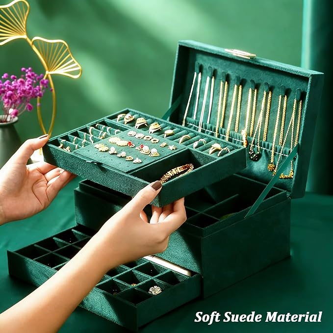 QBestry Jewelry Box for Women with Drawer, 3-Layer Large Jewelry Organizer with Lock & Key, 8 Necklace Hooks & 56 Earring Holes, Green Velvet Jewelry Storage Box for Necklaces Earrings Rings Bracelets - Image 8