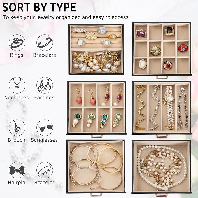 AKOZLIN 6-Tier Jewelry Box Lockable Leather Jewelry Storage Case with 5 Drawers for Women Girls Ring Necklace Earring Bracelet Holder Organizer with Mirror - Image 4