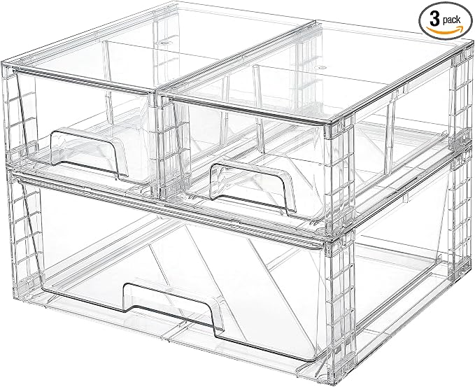 Vtopmart 3 Pack Stackable Storage Drawers, Easily Assemble Acrylic Bathroom Undersink Organizers,Clear Plastic Storage Bins for Closet,Cabinet,Pantry,Medicine Organization by Vtopmart