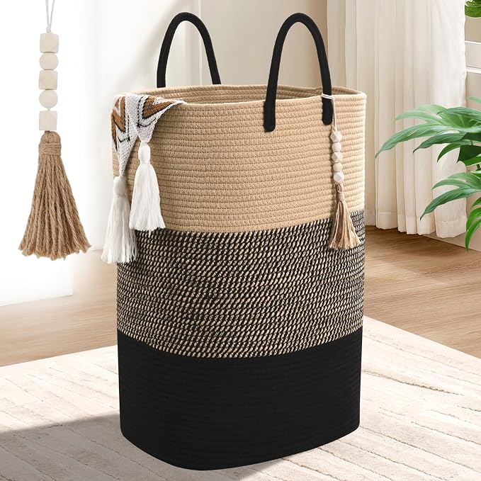 Woven Laundry Basket for Clothes, 50 L Large Rectangle Laundry Hampers with Beads Tassel, Nursery Storage Basket for Toys, Tall Dirty Clothes Hamper for Bedroom Aesthetic, Laundry Room Organization by WENMER
