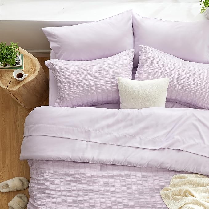 Love's cabin Seersucker Lavender Queen Comforter Set, 7-Piece All Season Lightweight Bed in a Bag Bedding Set with Comforter, Flat Sheet, Fitted Sheet, Pillowcases and Shams | Soft, Breathable, Lightweight